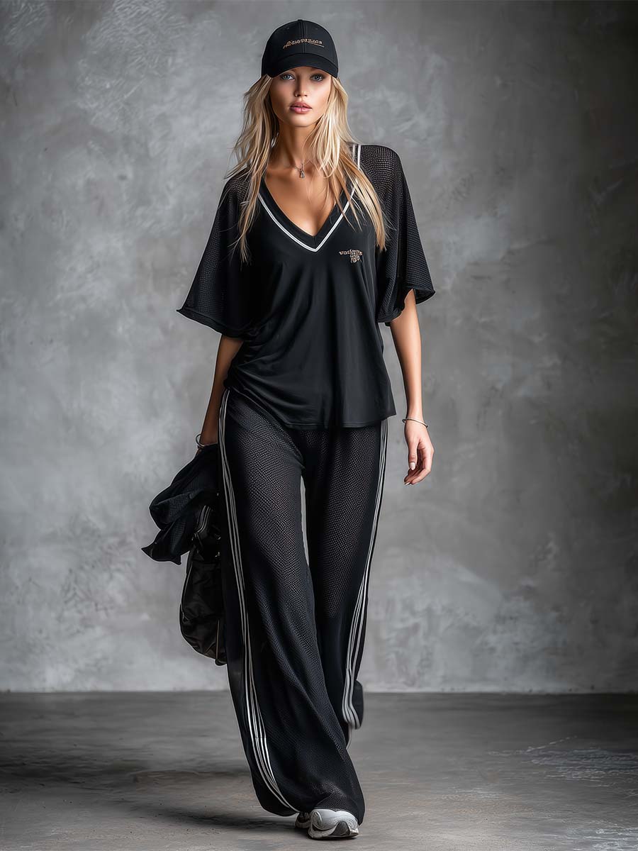 Retro Sporty Black V-Neck Mesh Short-Sleeve Top And Pants Set