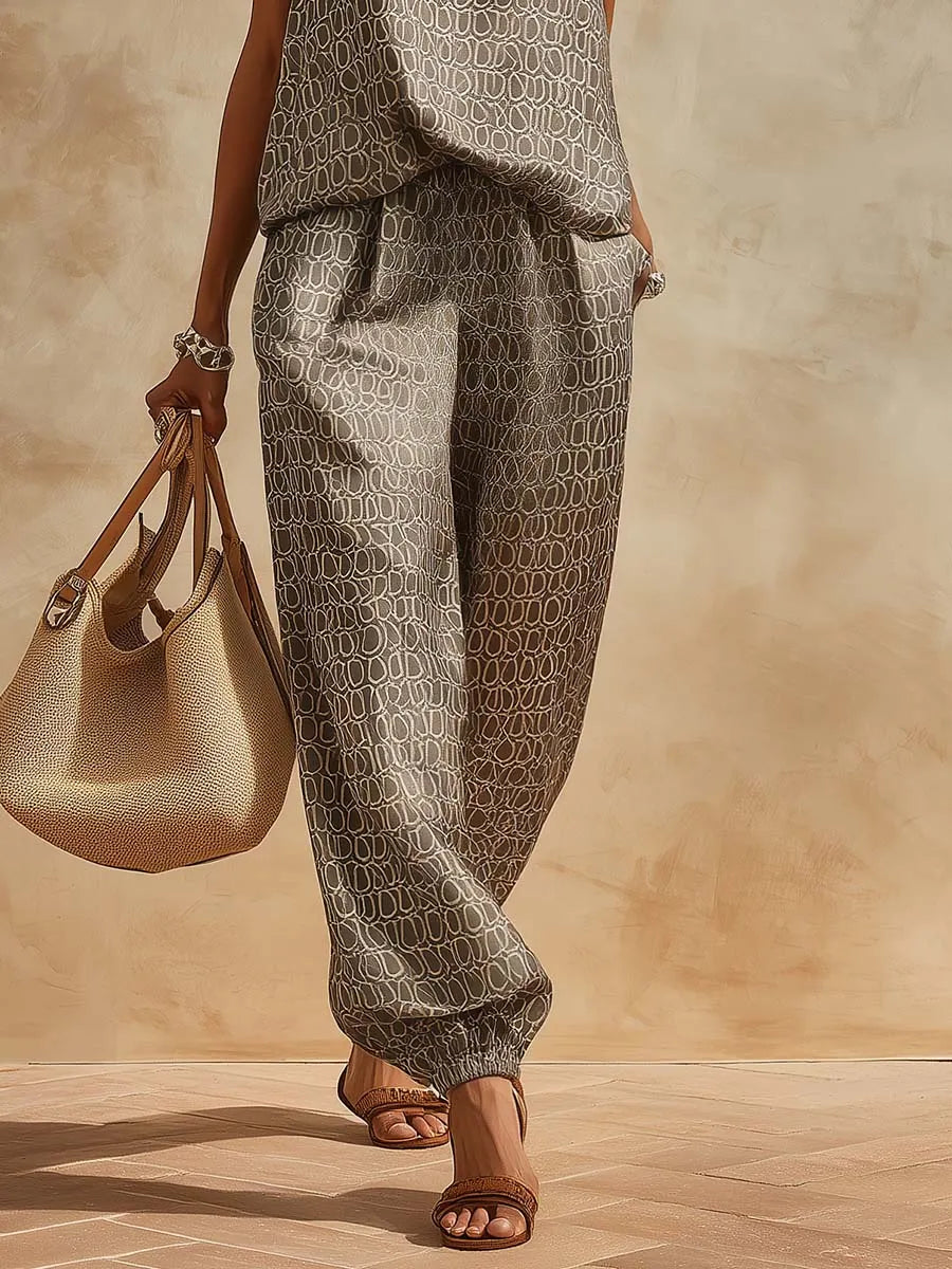 Retro Chain Print Grey Satin Top And Pants Set