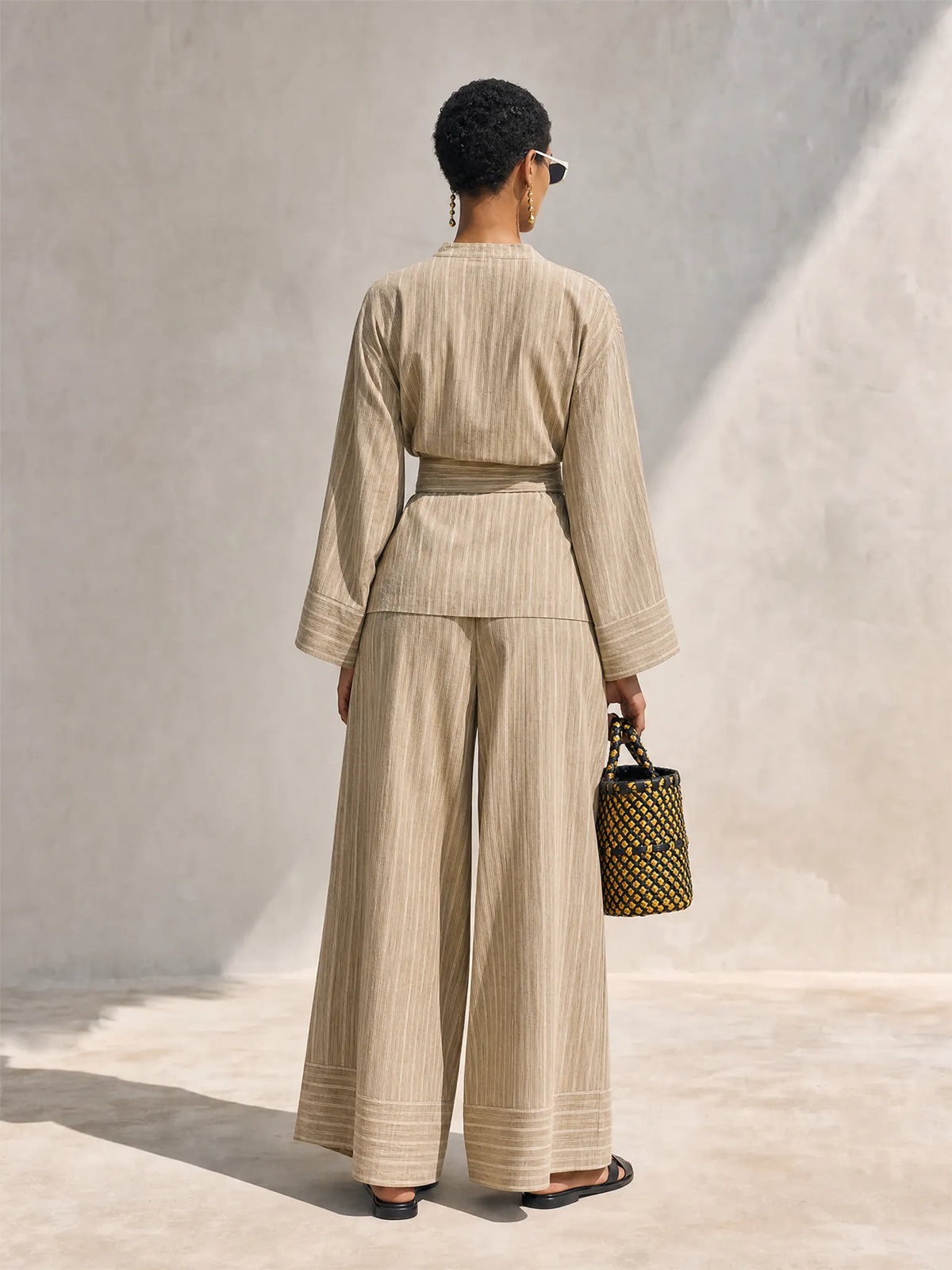 Women's Minimalist Flax Beige Linen Blend Striped Kimono Wrap Tie Waist Long Sleeve Top And Wide-Leg Pants Two-Piece Set MDZ1504G2ZSQ