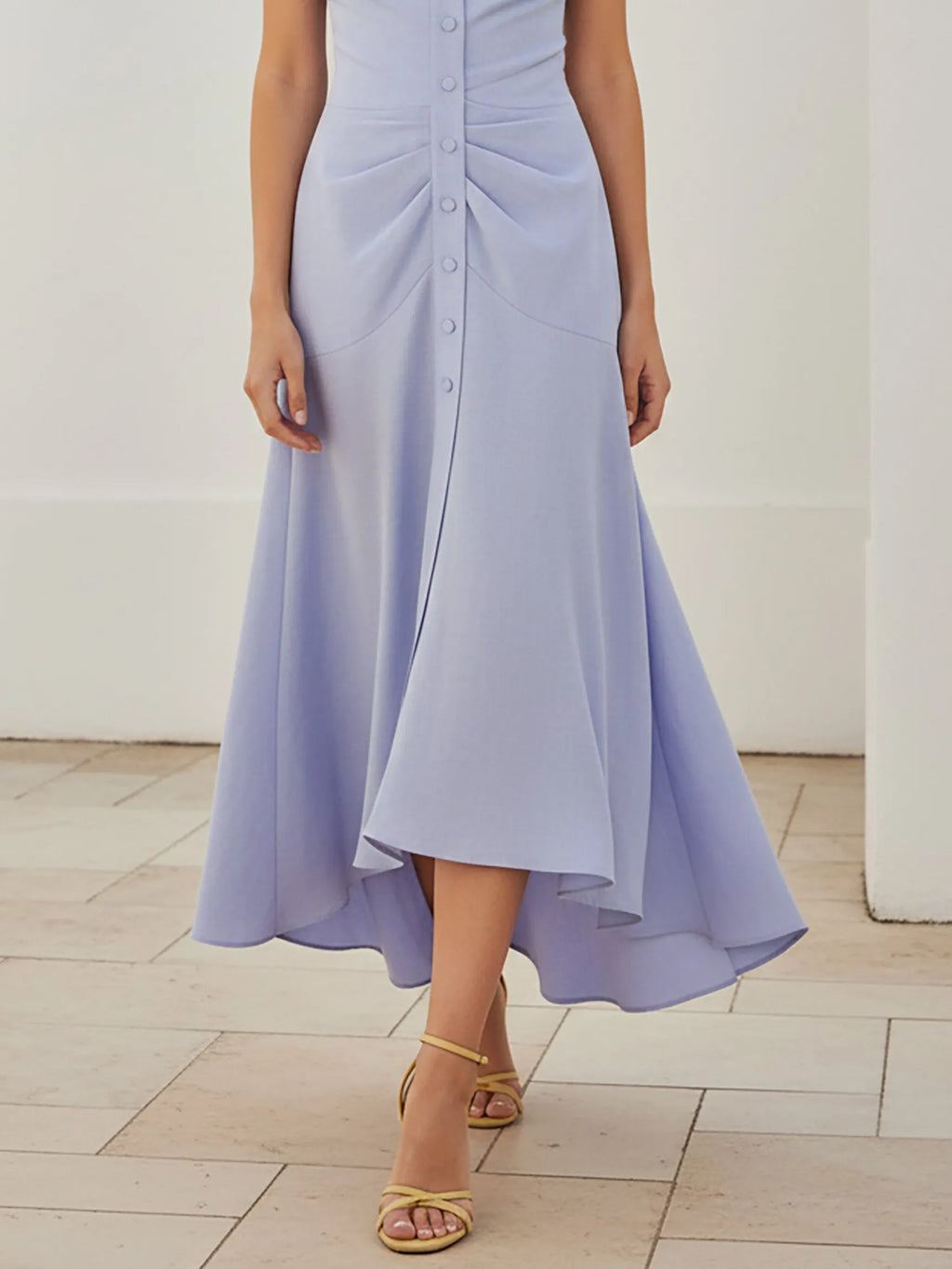 Maxi Linen Dress, Sleeveless, Sweetheart Neck, Plain, Button Design, Vintage, Light Purple