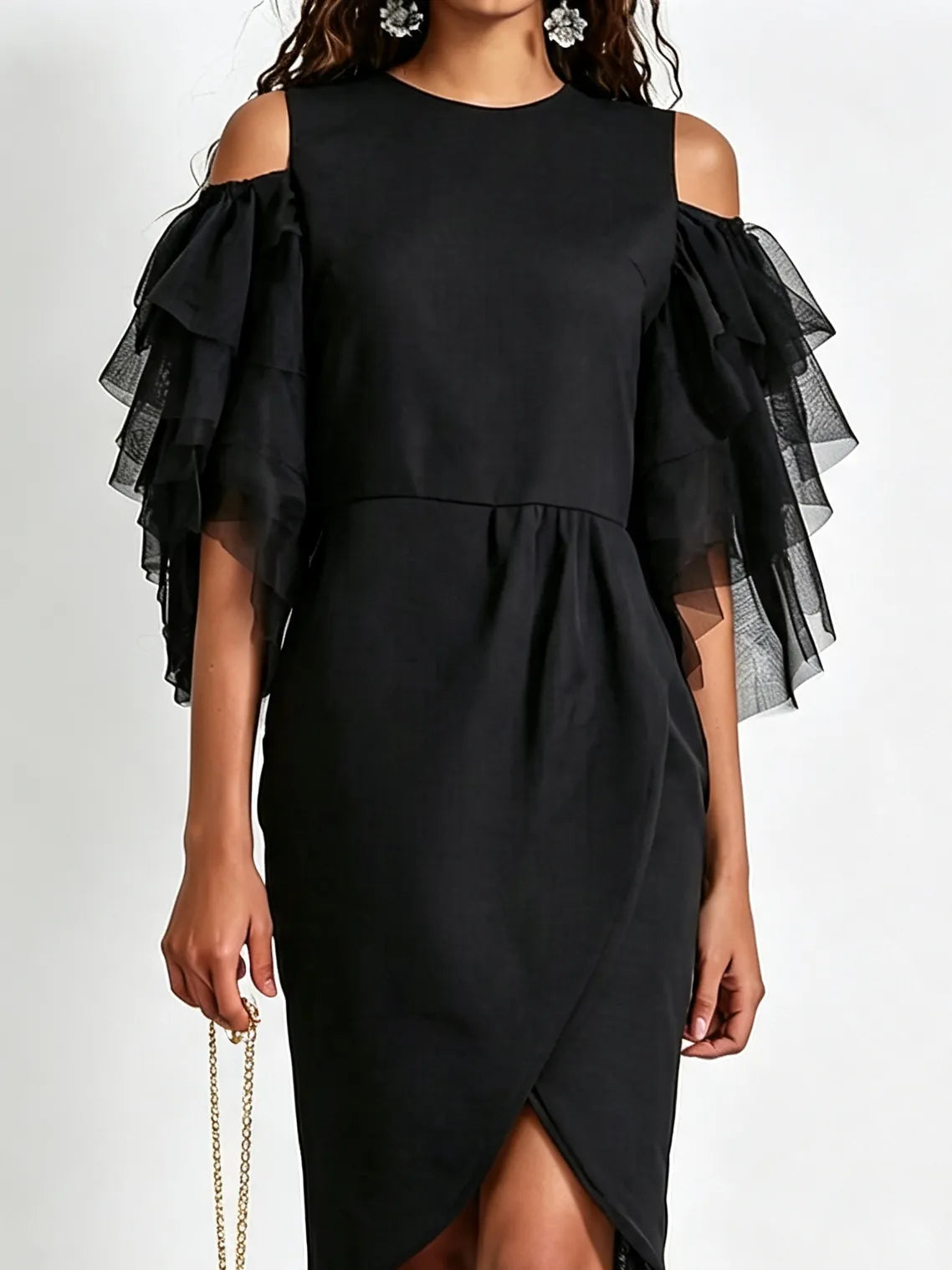 Black Off Shoulder Mesh Ruffle Midi Dress Round Neck Wrap Split Bodycon Cocktail Dress