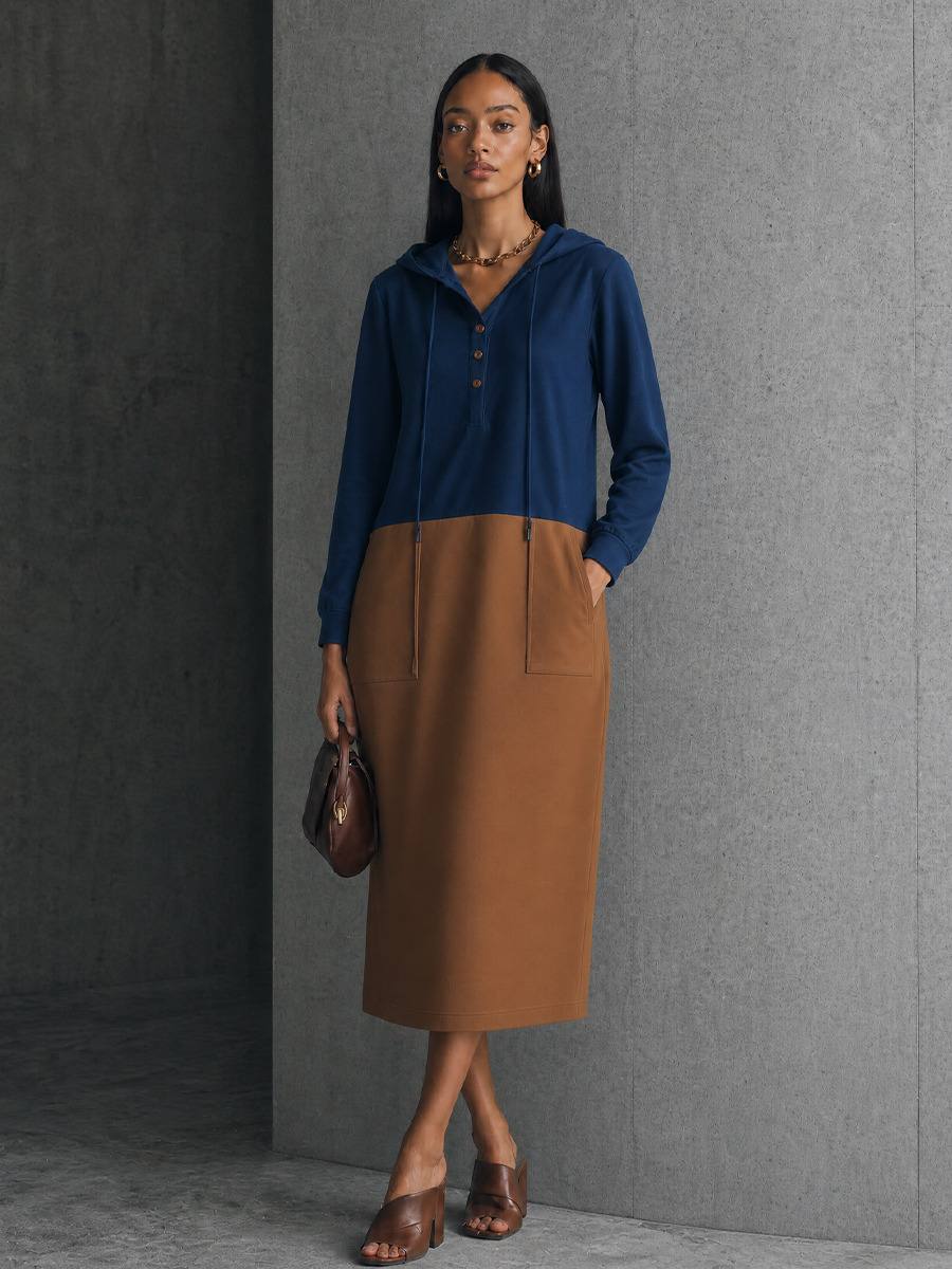 Women's Daily Casual Navy Spliced Caramel Cotton Blend Hooded Patch Pocket Midi Dress MDZ1419G2GMJ