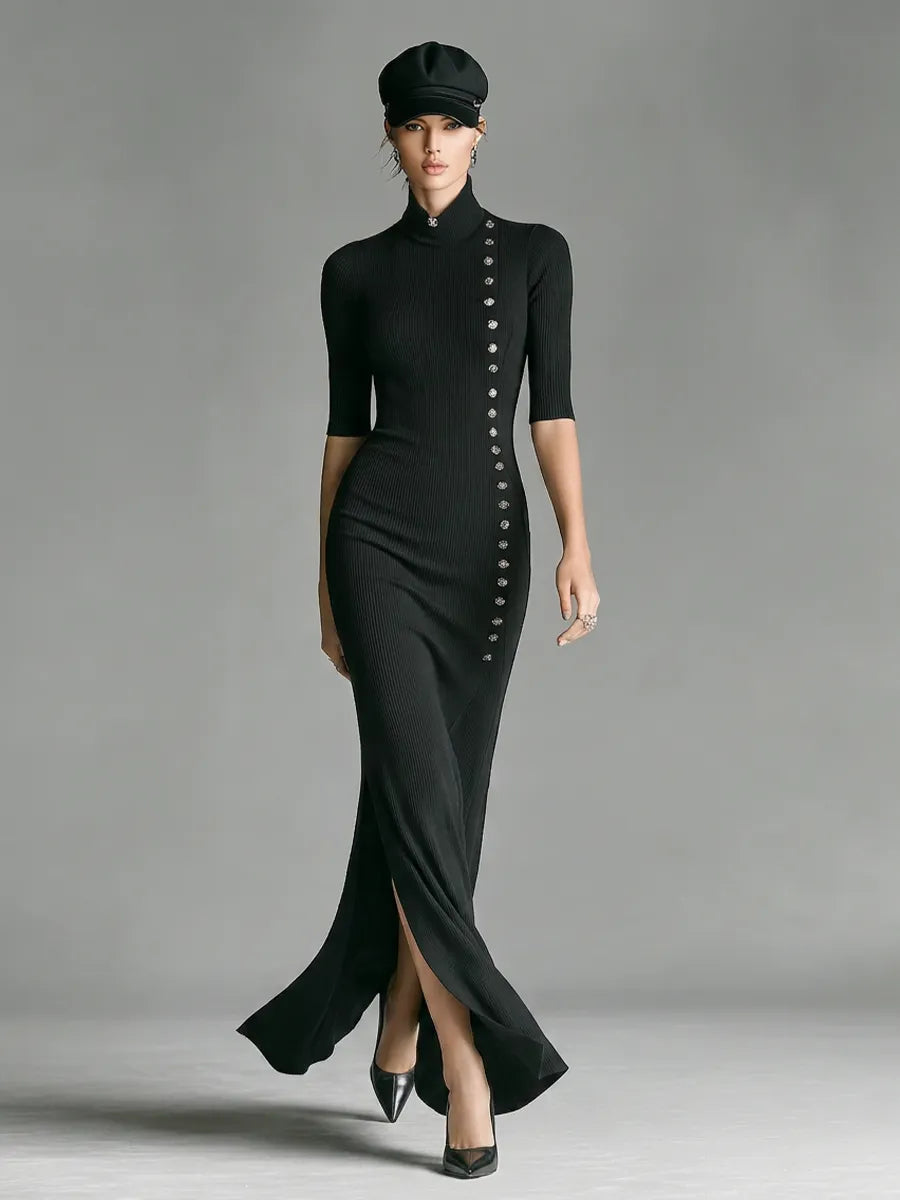 Women's Black Ribbed Knit Maxi Dress With Turtleneck Half Sleeve & Side Slit, Versatile Formal Party Bodycon Maxi Dress MDZ0800G3LYL