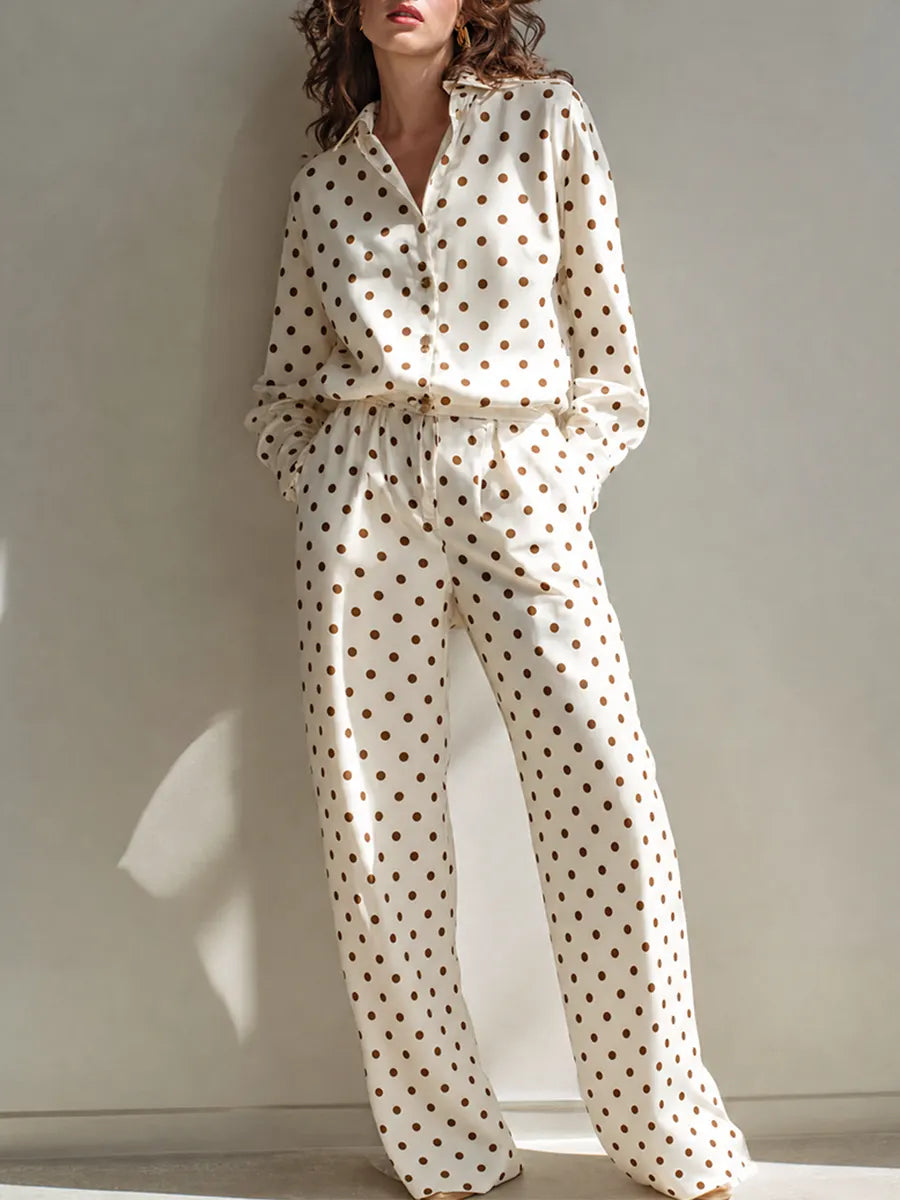 Women's Elegant Vintage off-white Brown Polka-Dot Collared Long-Sleeve Shirt & High-Waisted Wide-Leg Pants Satin Set MDZ1582G8CMX