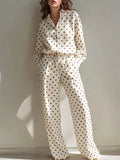 Women's Elegant Vintage off-white Brown Polka-Dot Collared Long-Sleeve Shirt & High-Waisted Wide-Leg Pants Satin Set MDZ1582G8CMX
