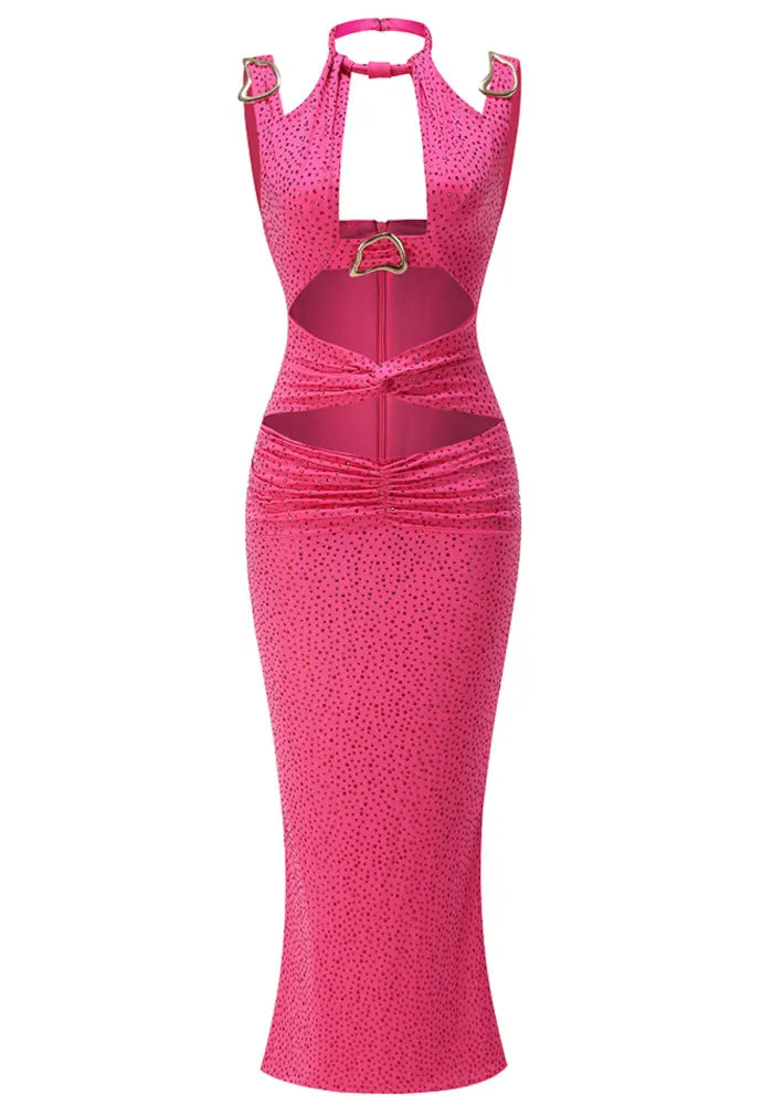 Halter Crystal Ruched Maxi Dress Hot Pink