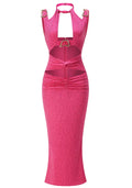 Halter Crystal Ruched Maxi Dress Hot Pink