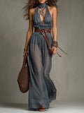 Smoky Blue Sheer Chiffon Halter Neck Lace Trimmed Jumpsuit