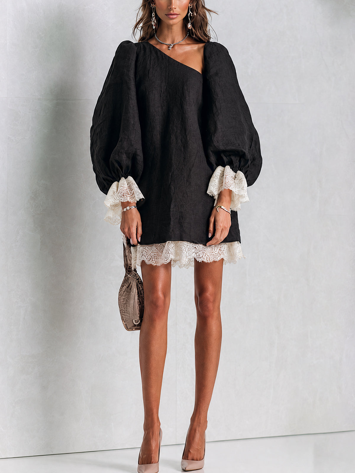 Black Asymmetric Mini Dress With Contrast Lace Trim