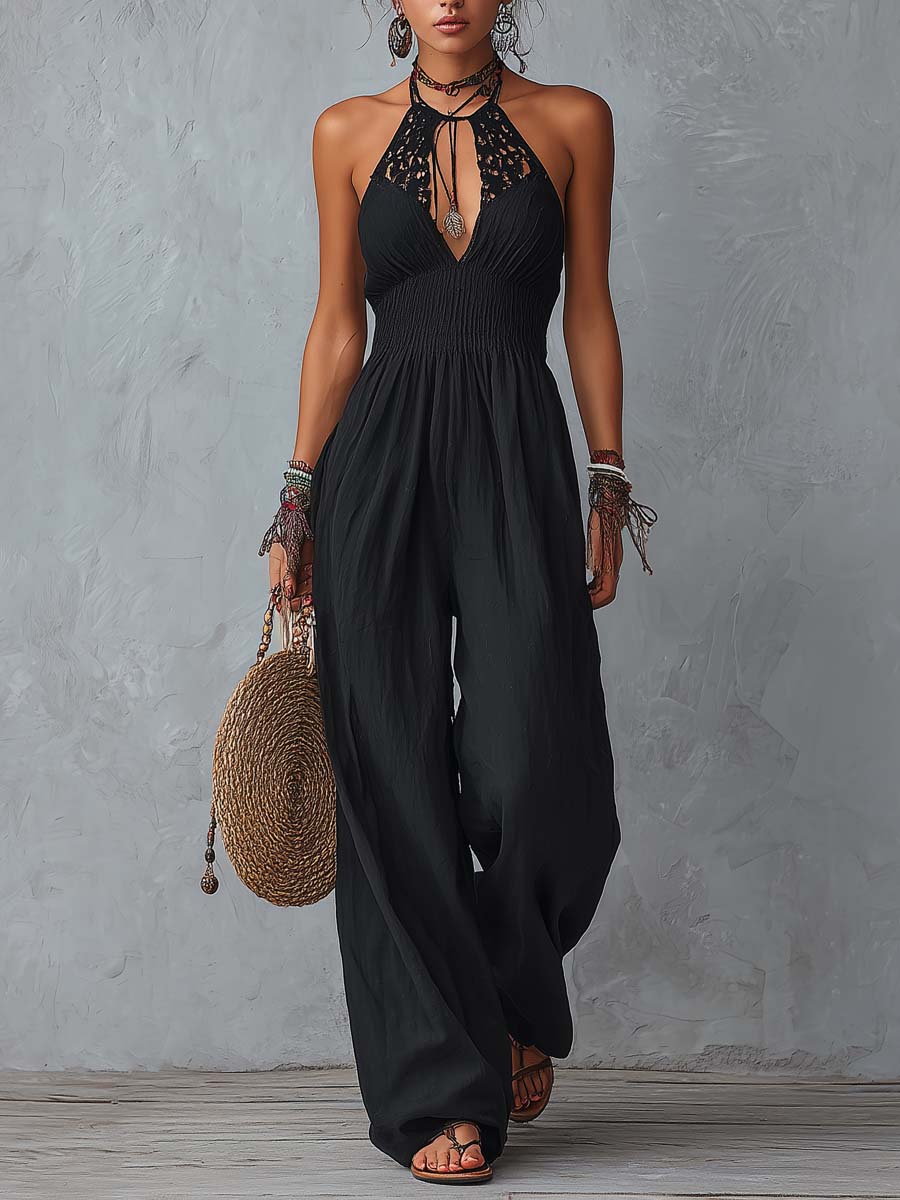 Bohemian-Style Lace Halter Cotton-Linen Jumpsuit