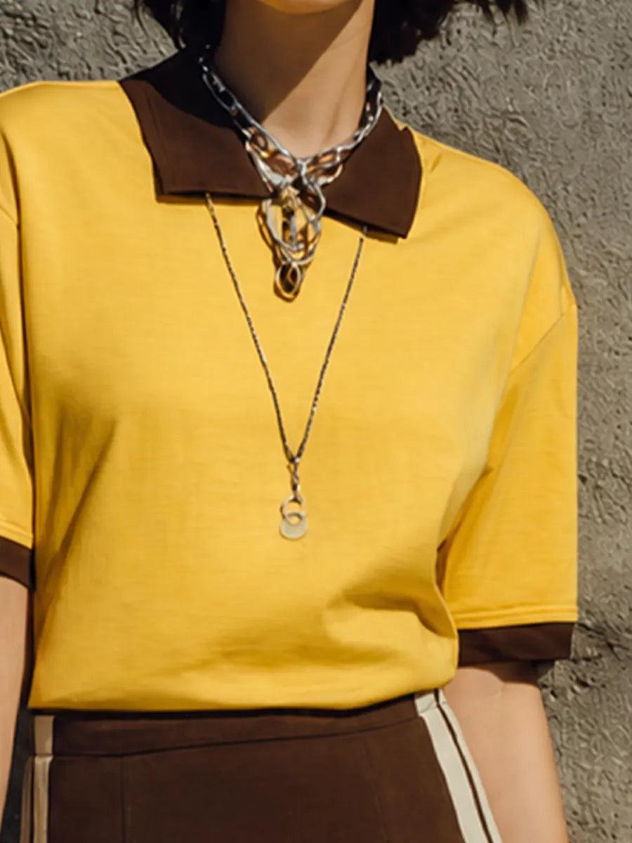 Women's Retro Casual Yellow Brown Cotton Blend Contrast Collar Short Sleeve Top MDZ2001G3GMJ