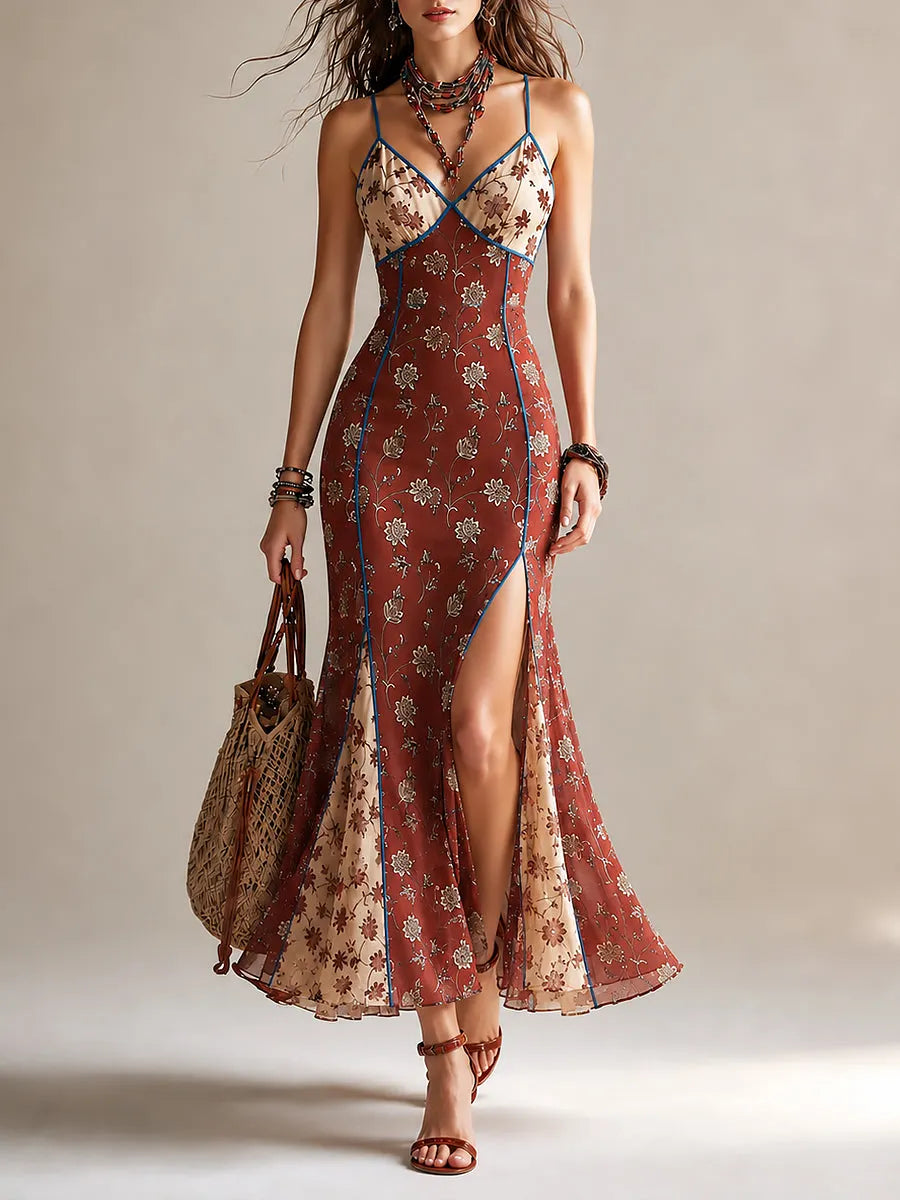 Elegant Printed Chiffon High-slit Mermaid Camisole Maxi Dress