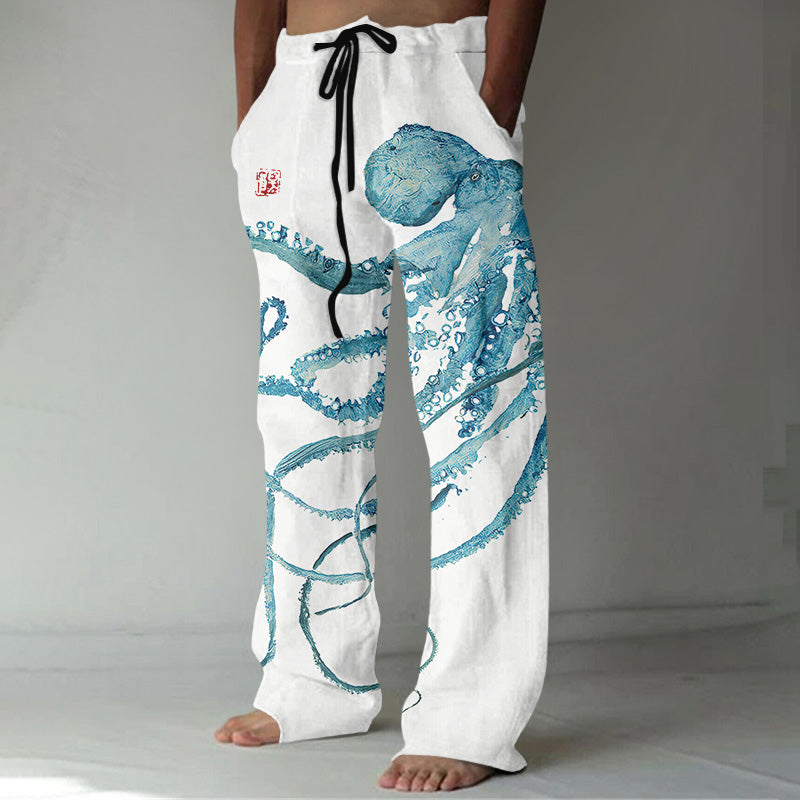 Japanese Art Octopus Print Casual Pants