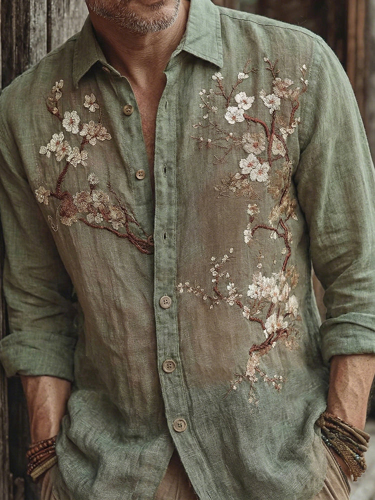 Men's Japanese-style Cherry Blossom Art Casual Shirt