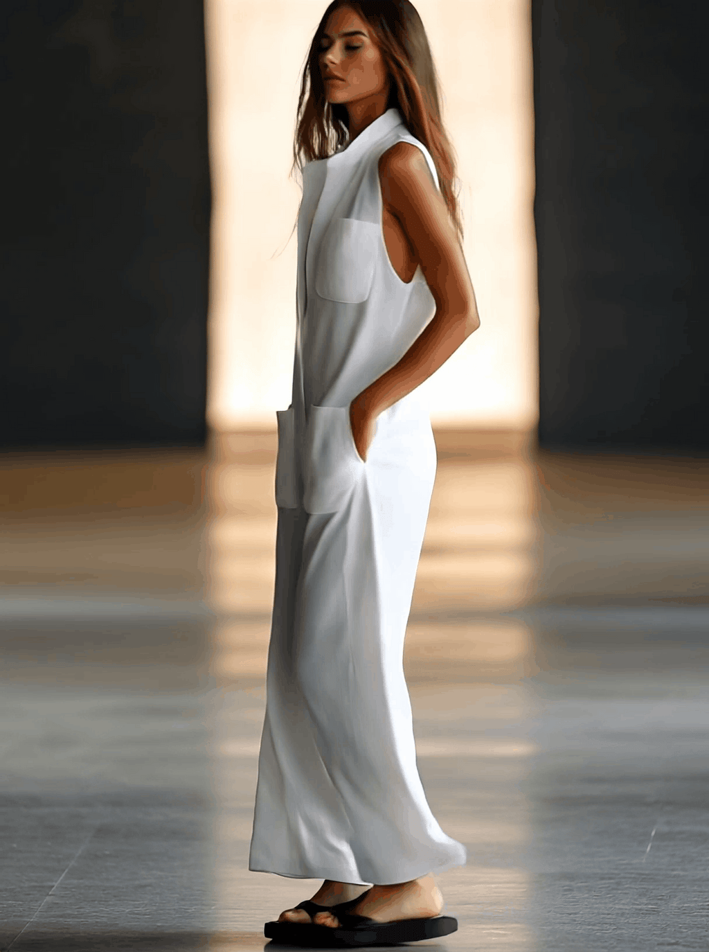 Casual Loose Retro White Breathable Linen Sleeveless Wide Leg Pants Jumpsuit