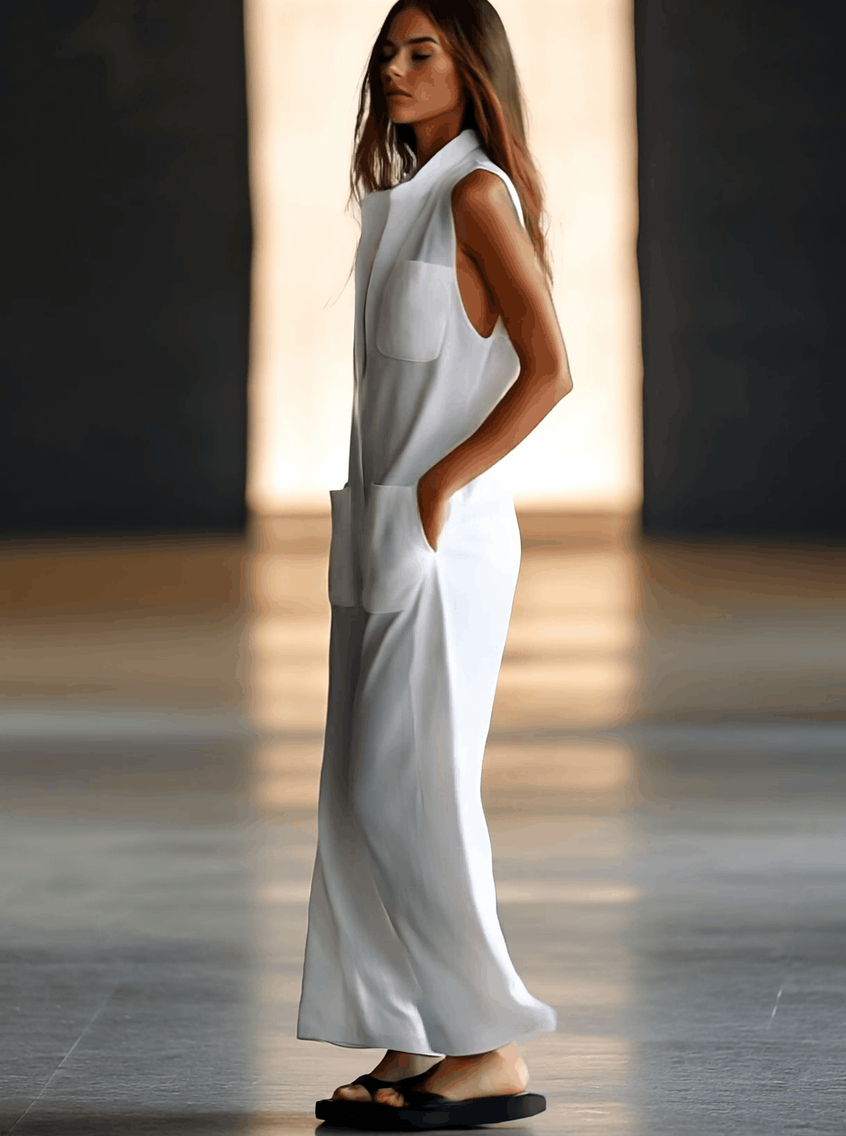 Casual Loose Retro White Breathable Linen Sleeveless Wide Leg Pants Jumpsuit