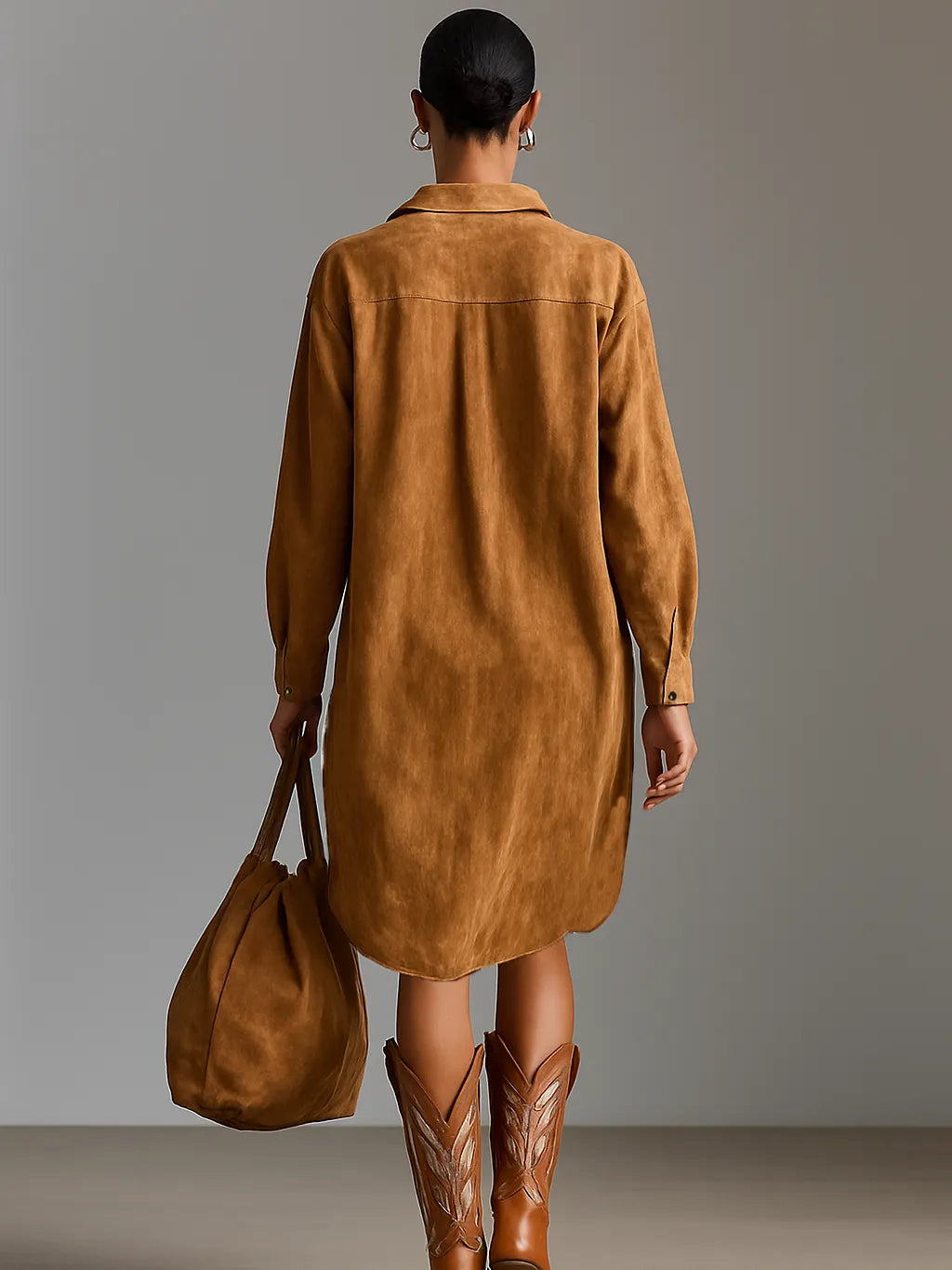 Women's Suede Loose Lapel V-neck Embroidered Long-sleeved Midi Dress MDA1489H9Y