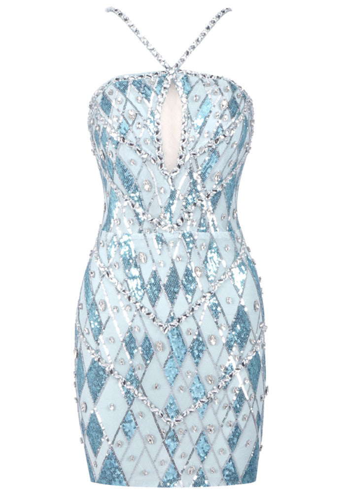 Halter Crystal Sequin Dress Blue