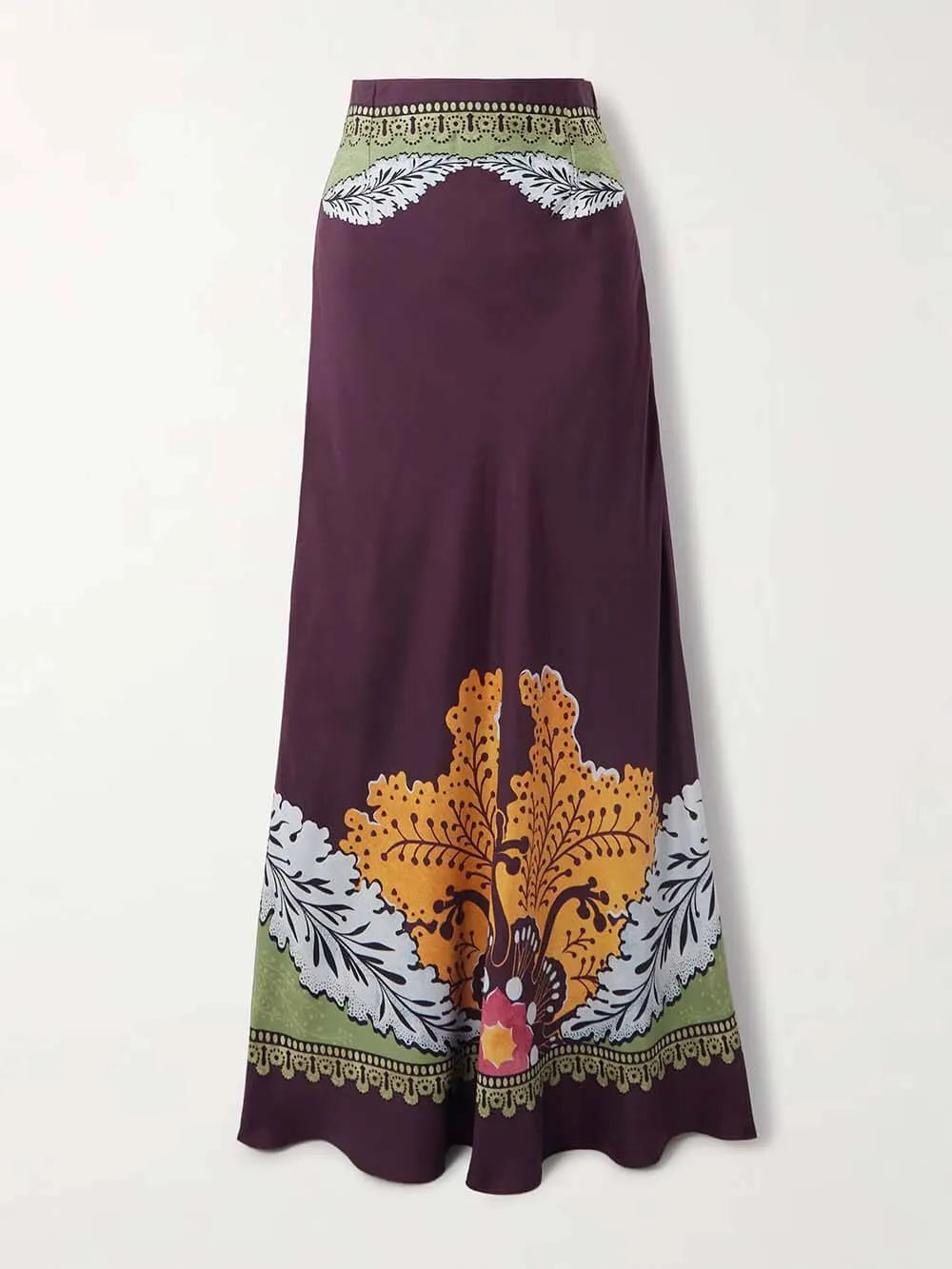 Retro Ethnic Print Satin Twill Maxi Skirt