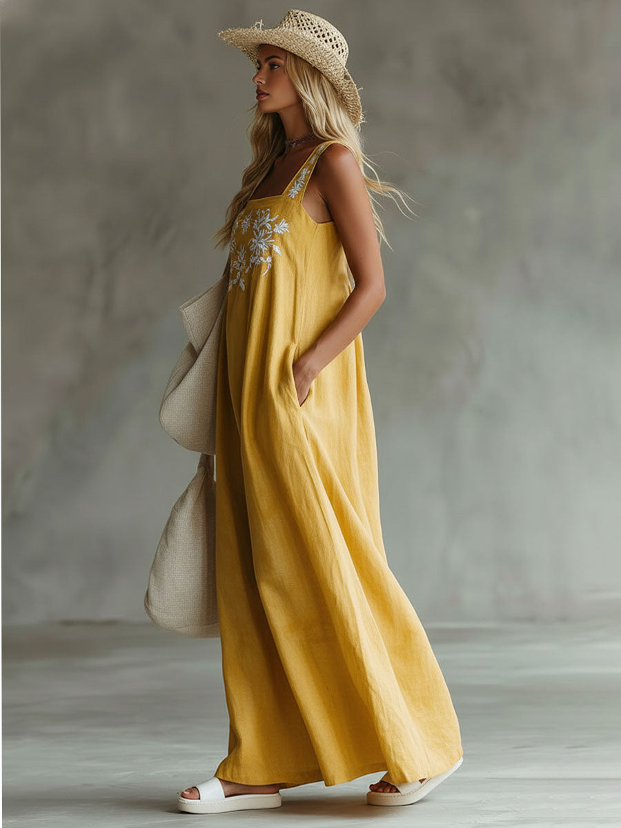 Yellow Cotton And Linen Embroidered Sleeveless Maxi Dress