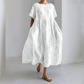 Floral Lace Embroidery Art Linen Blend Maxi Dress
