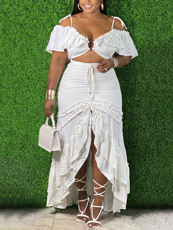 Solid Color Off-The-Shoulder Falbala Top Drawstring Asymmetric Skirt Two-Piece Suit