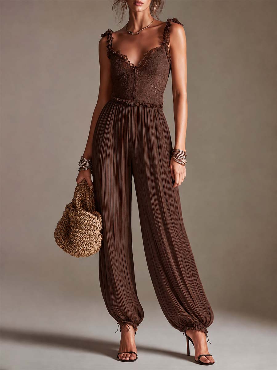Bohemian Brown Lace Bustier And Pleated Chiffon Balloon Jumpsuit