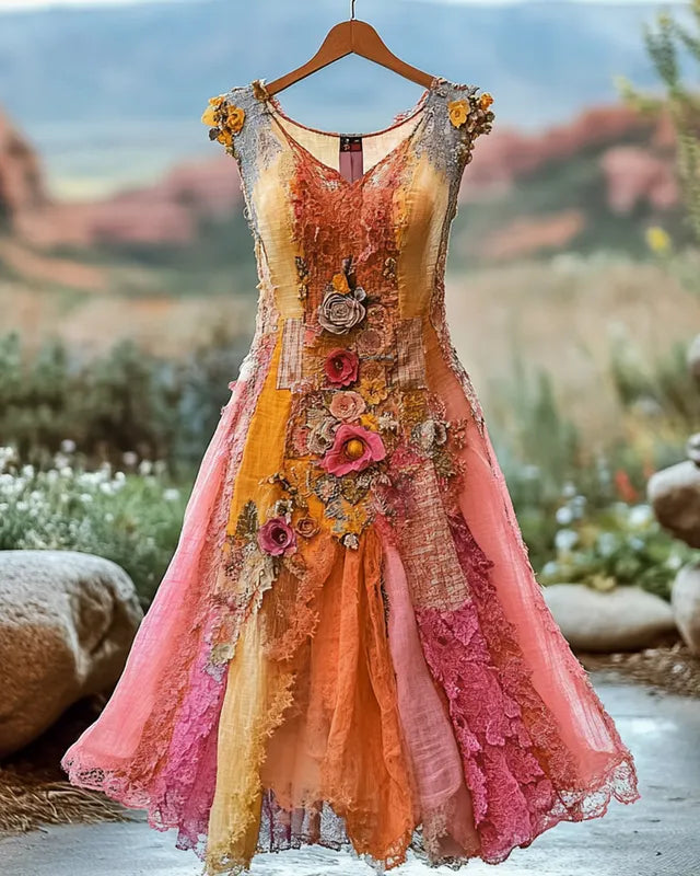 Summer Vintage Floral Lace Patchwork Dress e534