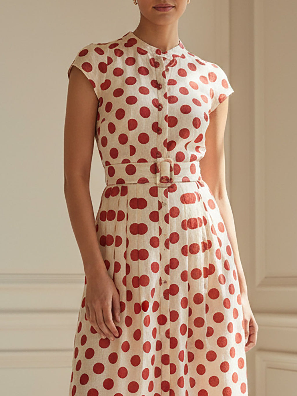 Midi Cotton Dress, Short Sleeves, Stand Collar, Polka Dots, Belt Design, French Vintage, Red