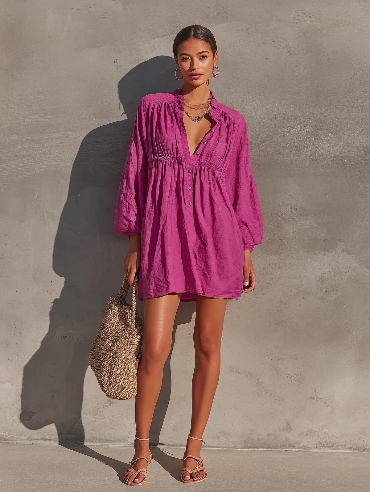 Women’s Fuchsia Cotton-linen Blend Ruffle Collar Half Button Bubble Long Sleeve Gathered Waist Loose Mini Shirt Dress MDZ0728G5YZJ