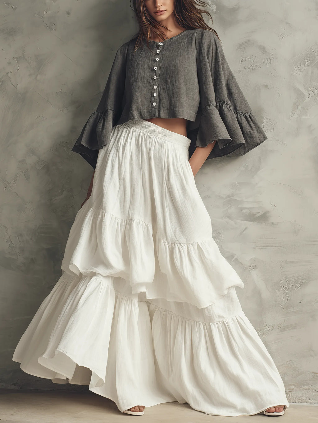 Women's Casual Grey Cotton-linen Long-sleeve Top Paired With A White Woven Multi-layered Ruffled Skirt MDZ1650G0LXY