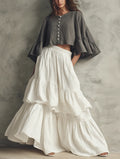 Women's Casual Grey Cotton-linen Long-sleeve Top Paired With A White Woven Multi-layered Ruffled Skirt MDZ1650G0LXY