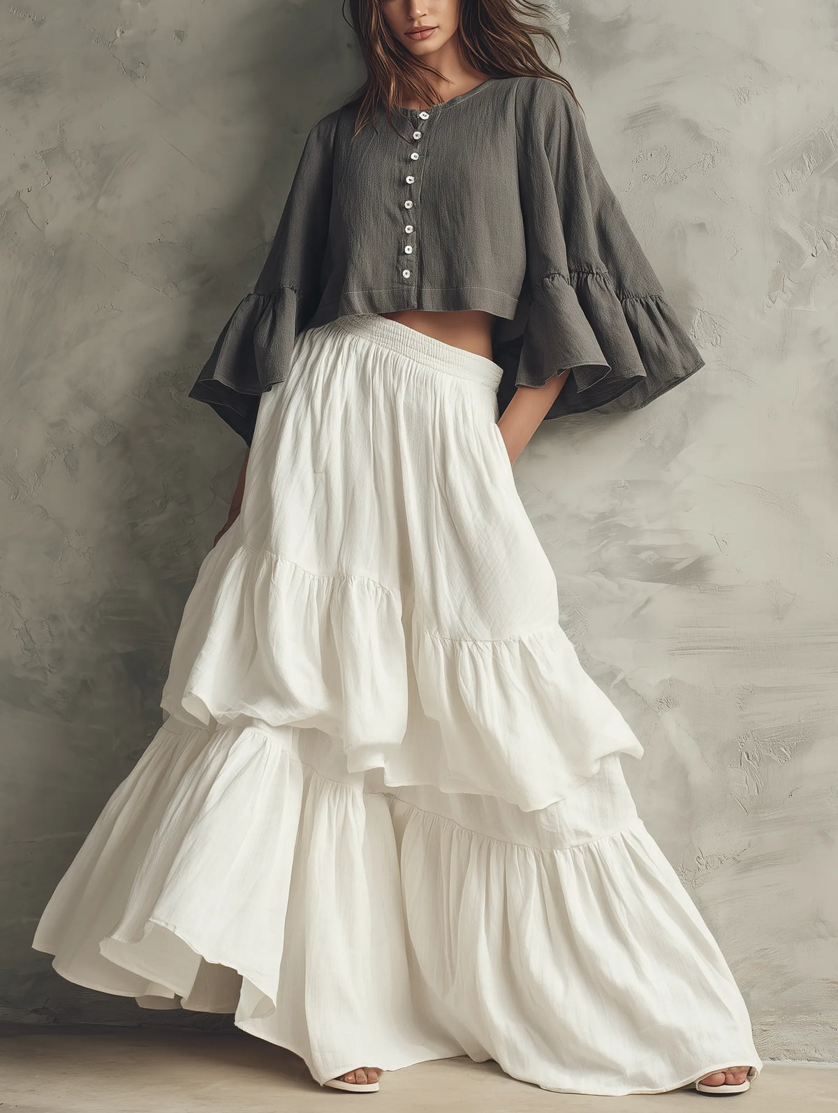 Women's Casual Grey Cotton-linen Long-sleeve Top Paired With A White Woven Multi-layered Ruffled Skirt MDZ1650G0LXY