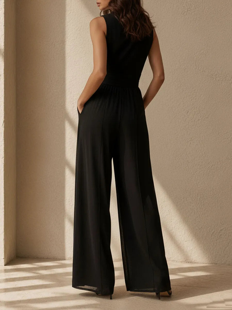Quiet Luxury Lapel Collar Black Sleeveless Wide-Leg Jumpsuit