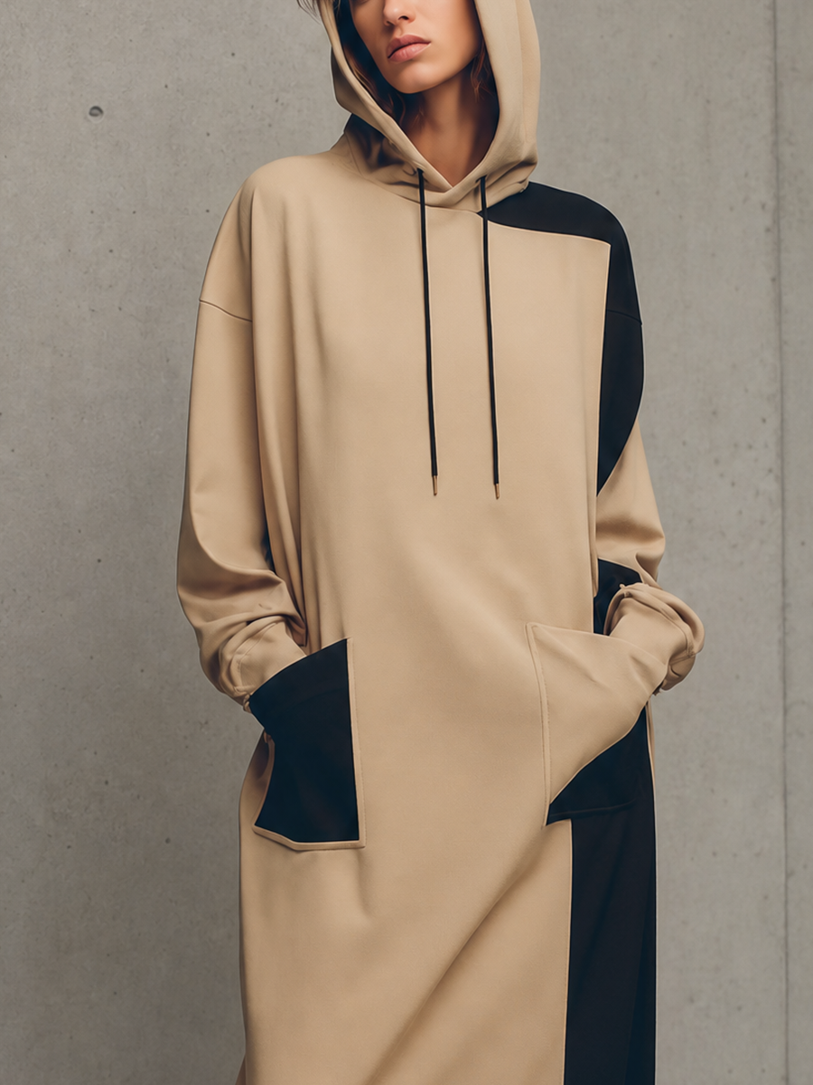 Women's Khaki Black Color Block Knit Drawstring Hooded Long Sleeve Side Pocket Oversized Maxi Sweatshirt Dress MDZ1507G2YZJ