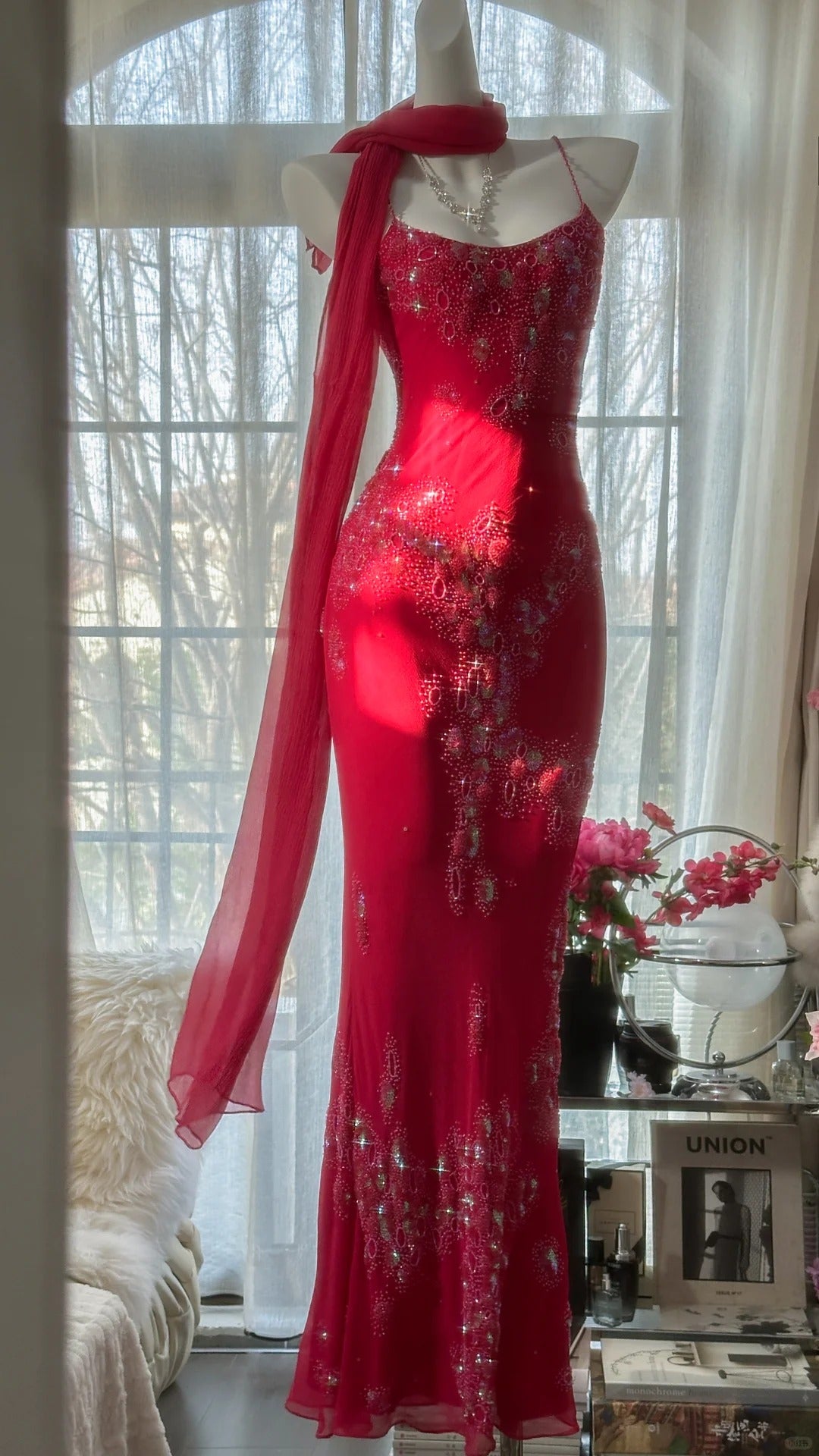 Red Romantic Gorgeous Fashion Elegant Exquisite Beaded Long Chiffon Ball Gown Evening Dress Birthday/Wedding Guest/Vacation Party Dress Prom Dress Valentine's Day Date Dress 4027