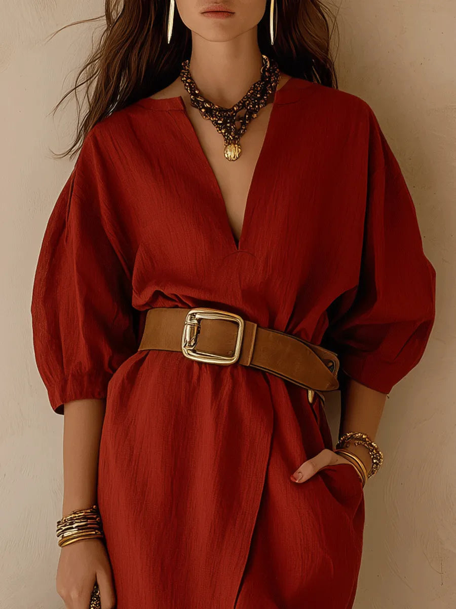 Effortless Chic Cotton-Linen Belted Deep-V Puff-Sleeve Rust Midi Dress