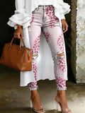 Women's Fashion Pink Geometric Heart Leopard Print Artistic Print Casual Skinny Ripped Jeans