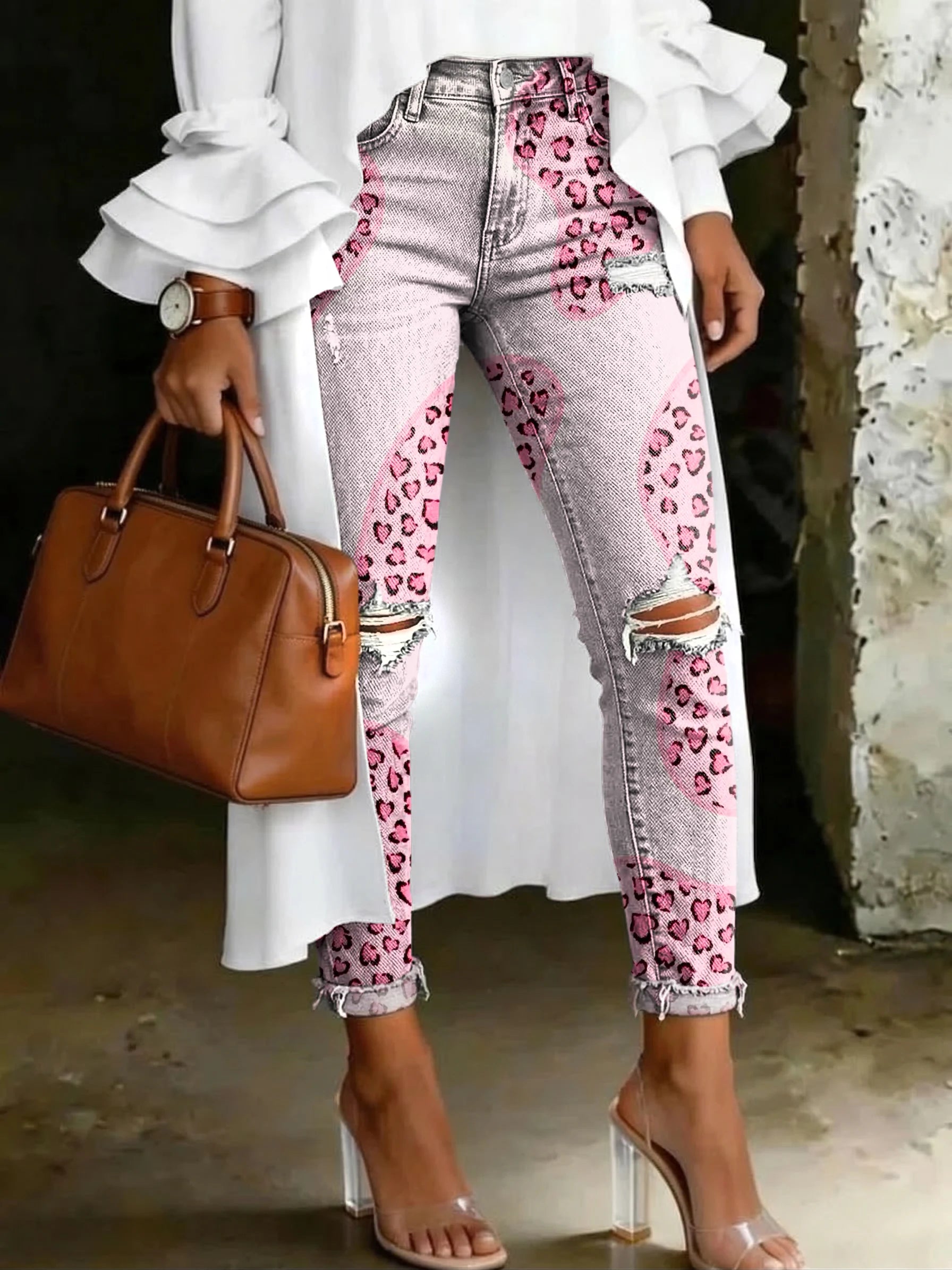 Women's Fashion Pink Geometric Heart Leopard Print Artistic Print Casual Skinny Ripped Jeans