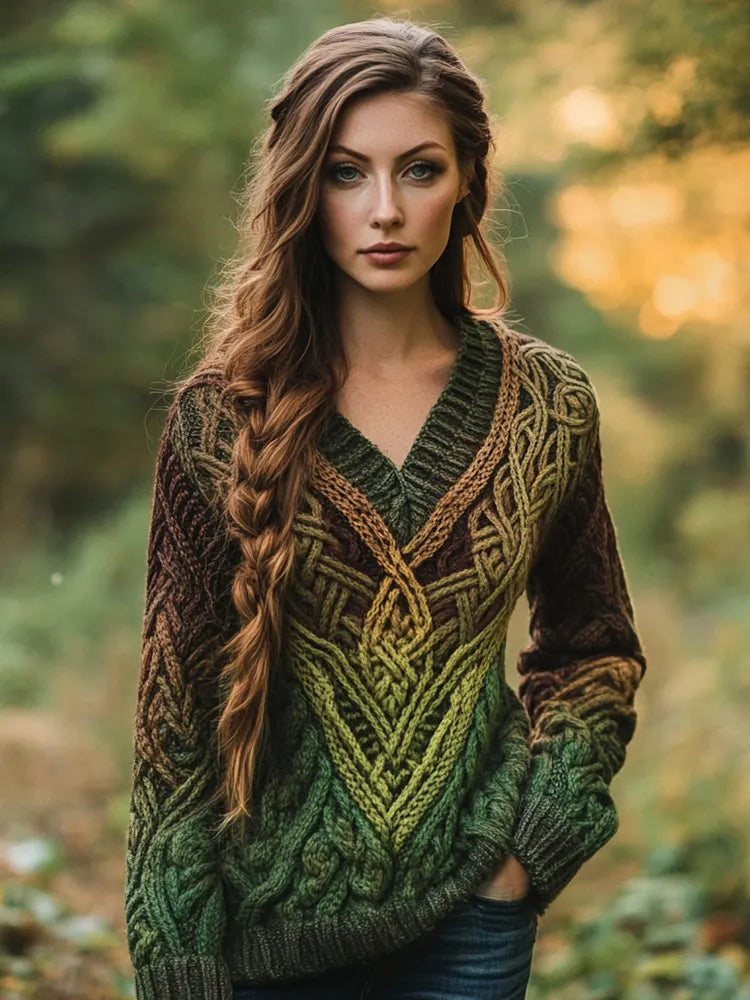 Women's Celtic Knotted V-neck Contrast Aran Sweater