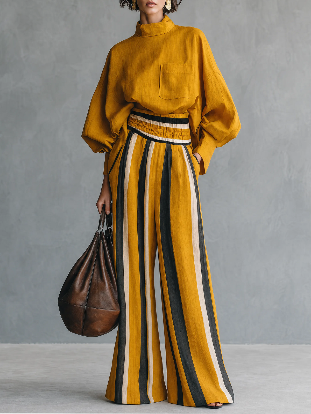 Women's Minimalist Linen-Blend Mock-Neck Lantern-Sleeve Blouse And Striped Print Trouser Set MDZ0824G8WY