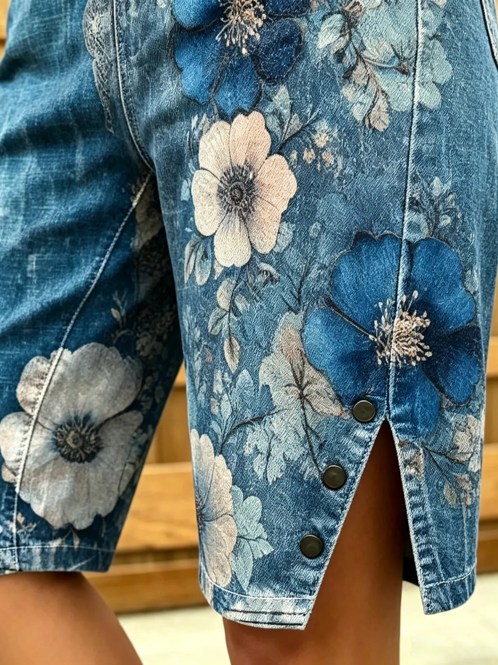 Women's Floral Watercolor Print Denim Bermuda Shorts