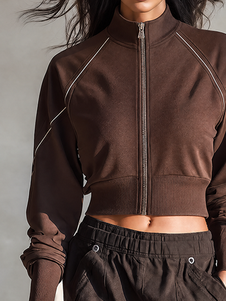 Women's Dark Brown Cotton-Blend Cropped Sports Jacket With Contrast Piping MDZ2250G4ZRK