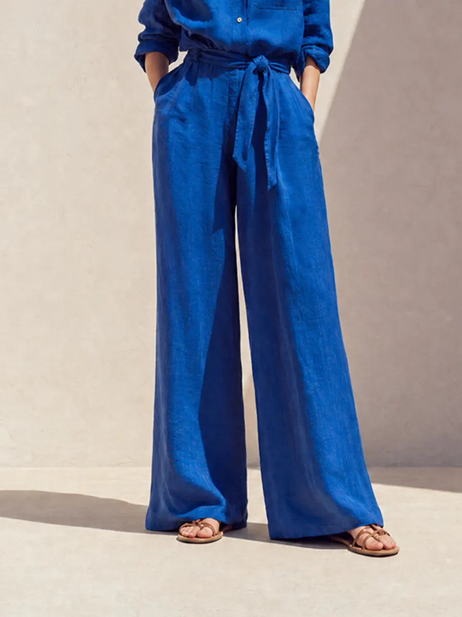 Women's Vacation Klein Blue Washed Linen Stand Collar Long-Sleeve Shirt & Wide-Leg Pants Set MDZ1740G5CMX