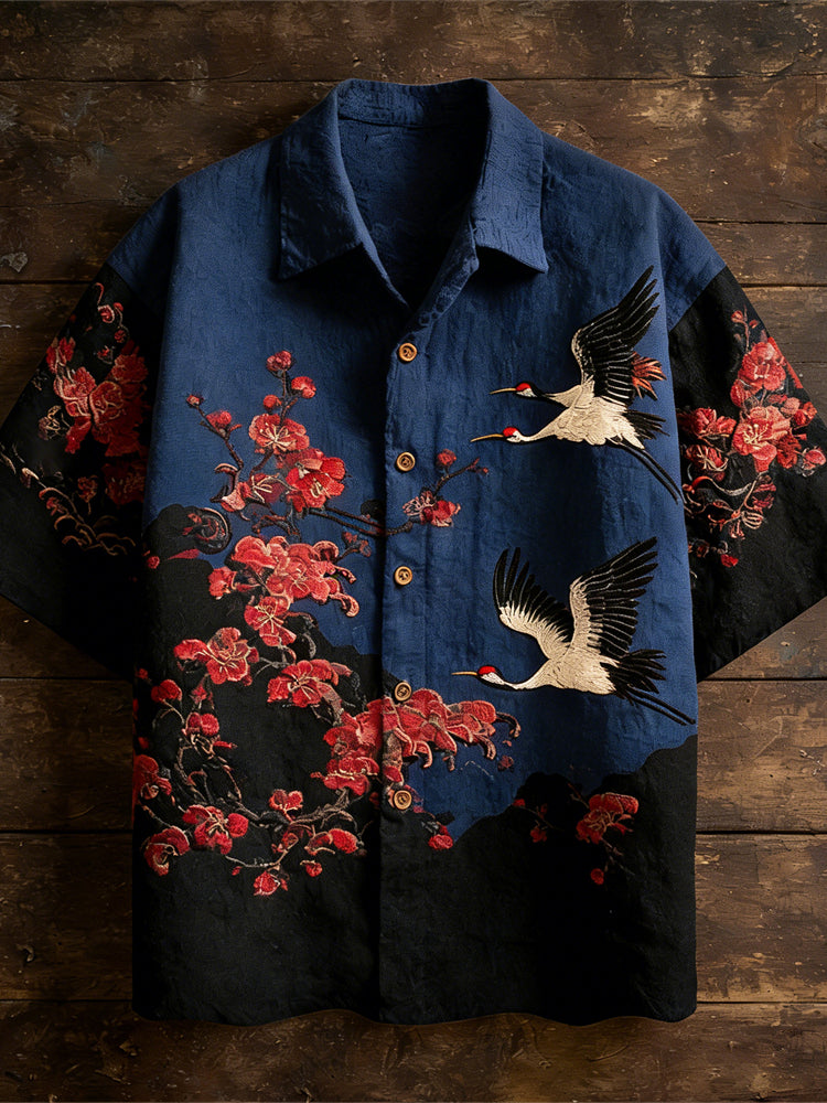 Japanese Plum & Crane Totem Vintage Men's Linen Short Sleeve Shirt