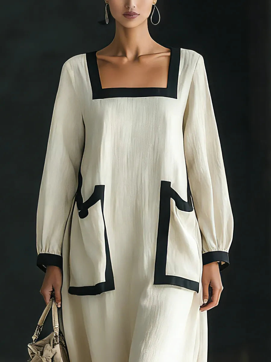 Women's Beige Cotton And Linen Blend Square-Neck Maxi Dress With Black Trim & Oversized Pockets MDZ1507A0T