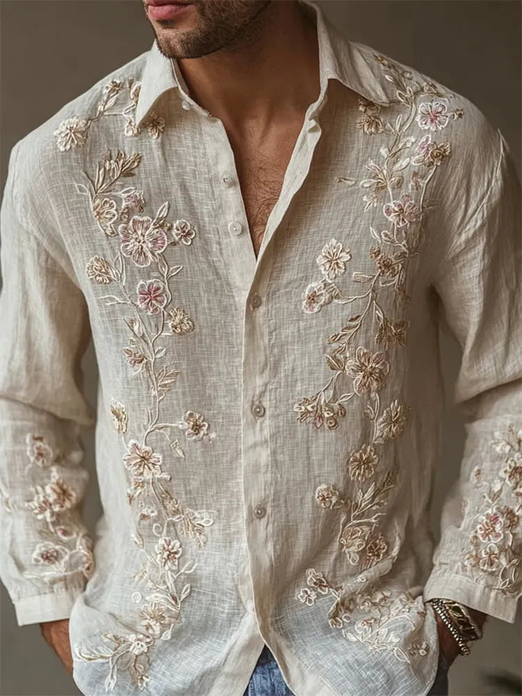 Men's Vintage Boho Floral Art Flowy Linen Shirt