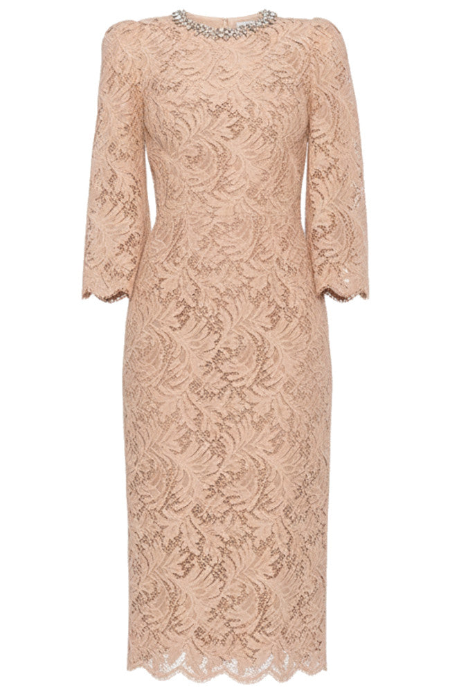 Crystal Neckline Lace Midi Dress Nude