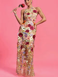 Sleeveless Round Neck Floral Embroidery Maxi Dress