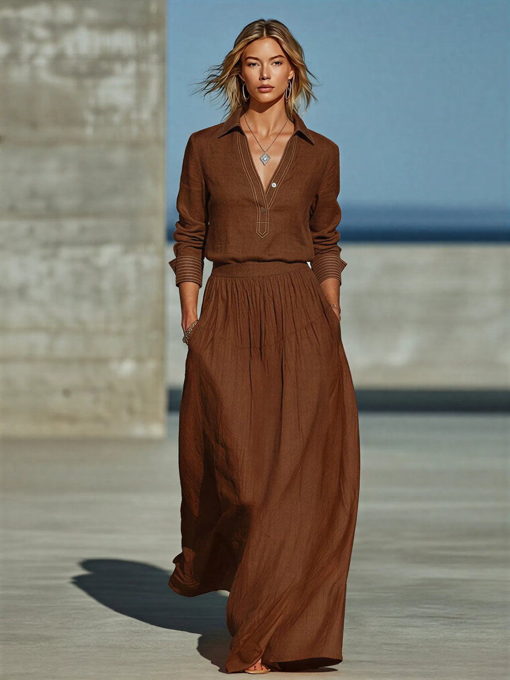 Women's Chocolate Linen Blend Two Piece Matching Set With Contrast Stitch Henley Collar Shirt & High Waist Pleated Maxi Skirt, Casual Resort Flowy Co-Ord Outfit MDZ2094G8LYL